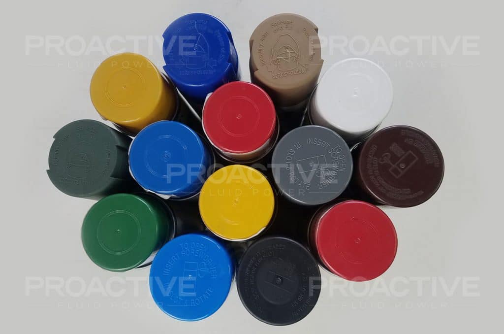 Cans of paint colors to choose from after hydraulic repair is complete.